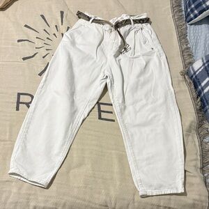 White jean Pants with Drawstring Waist and belt